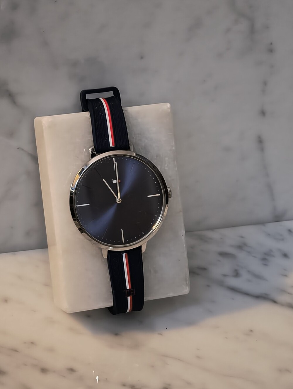 Tommy Hilfiger Women's Watch Black Dial NATO Stripe Strap Silver Case Needs Batt